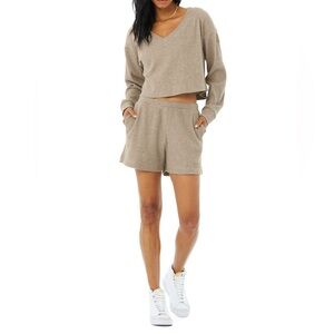 ALO Yoga Muse V-Neck Cropped Pullover & Muse Short Set- Dusty Taupe/ Size Small